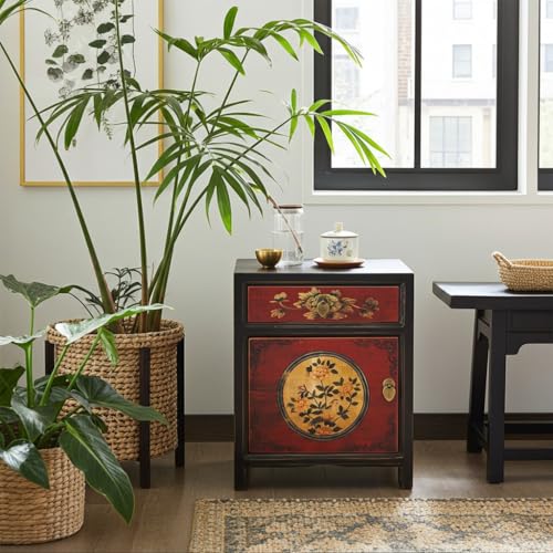 OPIUM OUTLET Chinesisches Nacht-Schränkchen asiatischer Nachttisch Kleiner Nacht-Schrank orientalische Schlafzimmer-Kommode Shabby-chic rot-schwarz