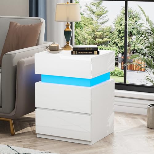 Lvhcmfohm Nachttisch mit LED, Nachtschrank mit LED-Beleuchtung 25 Lichtfarben, Sofatisch 3 Schubladen Hochglanz, Kabelführung, Nachtkästchen Weiß, 35x40x55cm, Weiß