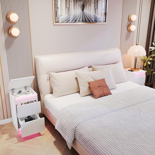 Ztexkee Hochglanz Nachttisch 2er Set Nachttisch mit Steckdose und LED Lichtleiste Nachtschrank Beistelltisch mit 2 Schubladen und Geheimes Staufach für Schlafzimmer, Wohnzimmer Weiß