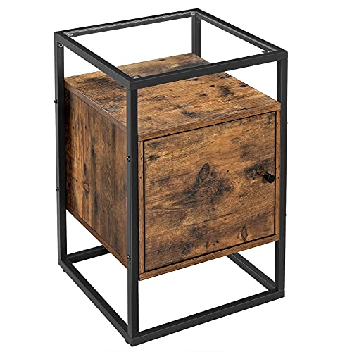 VASAGLE Nachttisch, Nachtschrank, Beistelltisch, Glastisch mit Schrank, Sofatisch, Schlafzimmer, Wohnzimmer, Flur, stabiles Hartglas, einfacher Aufbau, Industrie-Design, Vintage, Dunkelbraun LNT05BX