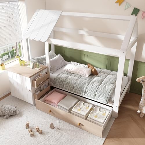 Hausbett 90x200cm, Kinderbett mit Schubladen & Nachttisch, Bodenbett mit Rausfallschutz & Lattenrost, Baumhausbett aus Massivholz & MDF, Bett für Jungen und Mädchen mit Stauraum in Weiß (Weiß+Eiche)