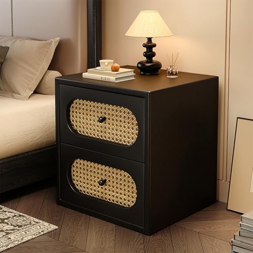 WYRNOBRX Holz Nachtschrank Vintage Nachttisch Schlichter Beistelltisch 2 Hand Made Rattan Dekoriert Schubladen Kleiner Nachtkästchen Couchtisch Couch Mit Lagerung Wohnzimmer,Schwarz,L20 W16 H18