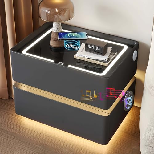 GXSDYYDS Nachttischschrank, LED Nnachttisch mit Beleuchtung, 3 Licht Dimmbar, Modern Beistelltisch Schlafzimmer mit Kabelloses Ladefunktion, Bluetooth-Lautsprecher, Nachtschrank mit 2 Schubladen