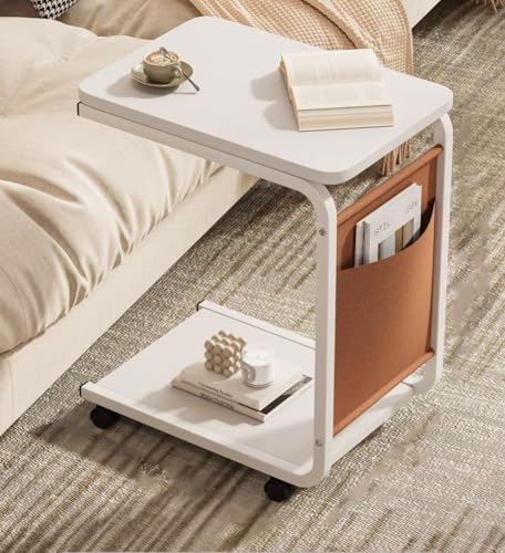 MUMUXIAO Beistelltisch für Schlafsofa, mit Aufbewahrungstasche, C-förmiger Beistelltisch, TV-Tablett, Tische für Arbeit, Studium, Essen, mobiles Sofa, Couch, Beistelltische mit Rollen (weiß)