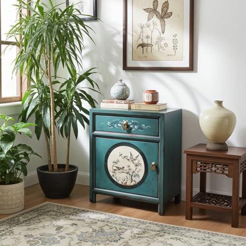 OPIUM OUTLET Chinesischer Nachttisch asiatischer Kleiner Nacht-Schrank Konsole orientalische Schlafzimmer-Kommode Shabby-chic smaragd-grün