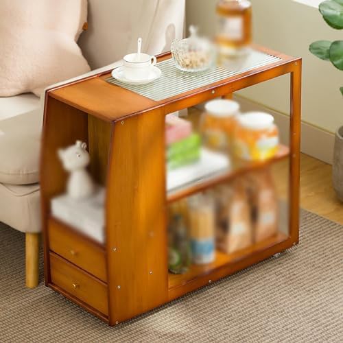 Bambus-Sofa-Beistelltisch , schmaler Beistelltisch, moderner Nachttisch, für kleine Räume, Wohnzimmer, Schlafzimmer, Büro, mit 2 Schubladen und offenem Regal, Tischplatte aus gehärtetem Glas