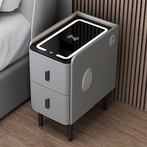 Weißer Nachttisch mit USB-Ladeanschluss und LED-Licht, Kleiner Nachttisch mit Schublade für schmale Nachttischmöbel im Schlafzimmer