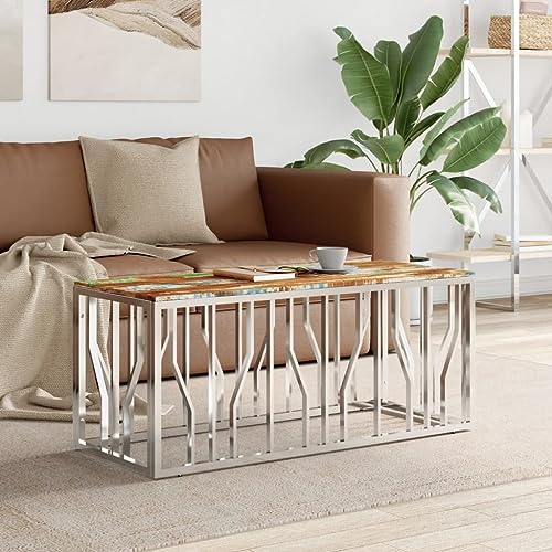 QJBSAVVA Couchtisch, Nachttisch Klein Couchtisch Mit Stauraum Kleines Bücherregal Sideboard Geeignet für Study Room Wohnzimmer College-Schlafsaal Eingangsbereich Silbern Edelstahl und Altholz Massiv