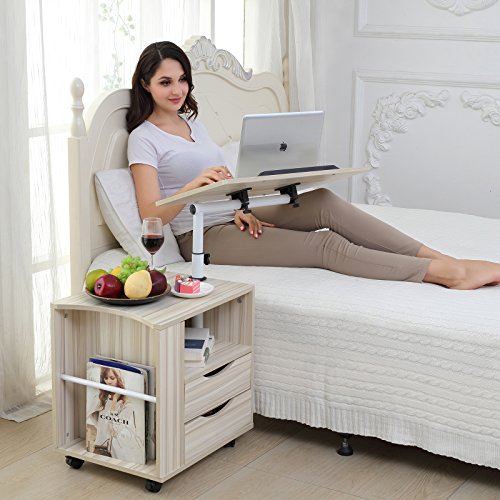 Emall Life funktioneller drehbarer Nachttisch aus verstellbarem Holz mit Schubladen, Rädern und offenem Regal (weißer Ahorn)