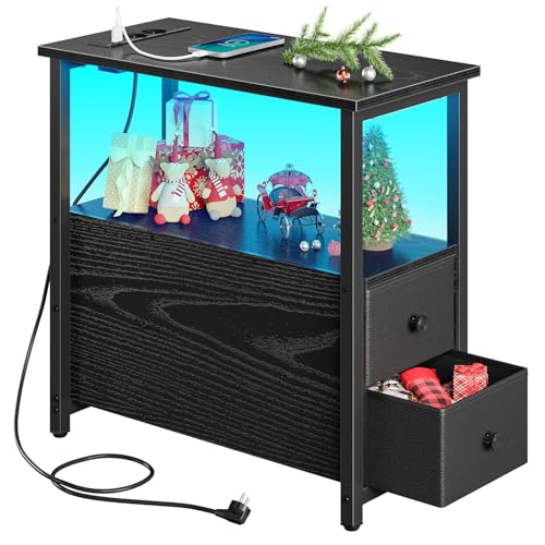 Rolanstar Beistelltisch mit LED-Beleuchtung, Nachttisch mit 2 Schubladen, USB-Anschluss & versteckter Steckdose, Sofatisch für Schlafzimmer und Wohnzimmer, (Schwarz)
