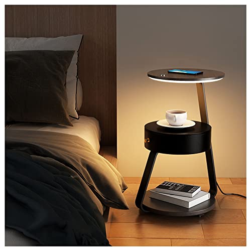 Nachttisch Nachttisch mit verstellbaren LED-Lichtern, kabelloses Aufladen, offenes Aufbewahrungsregal, moderner Beistelltisch für Schlafzimmer