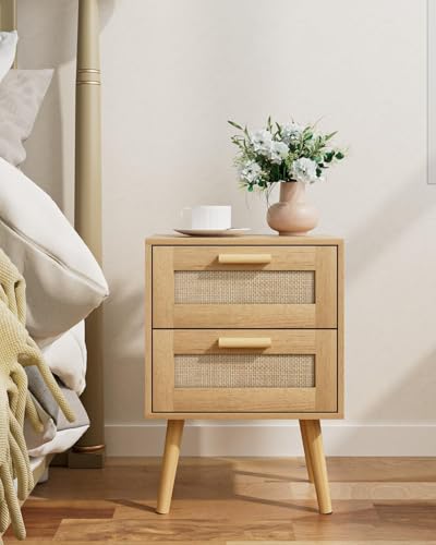 HEYZOEY Nachttisch Rattan, Beistelltisch mit Schublade, Nachtkommode mit Holz Beine für Schlafzimmer, Wohnzimmer, Natur Eiche