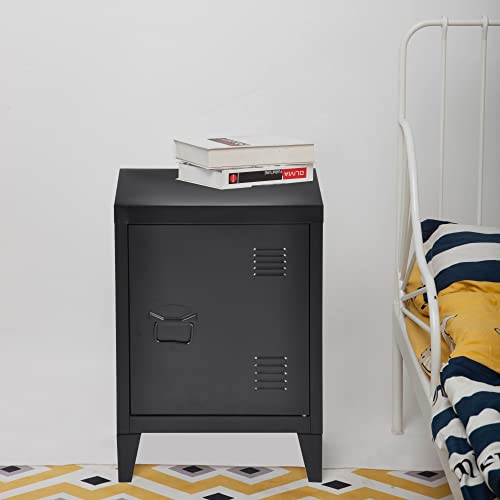 [en.casa] Nachttisch Inari Nachtschrank Schwarz Nachtkästchen mit Einer Schranktür Sofatisch Türgriff Links Metall Nachtkommode 57 x 40 x 30 cm Büroschrank