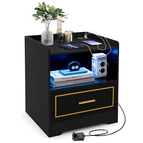 GIANTEX Nachttisch mit LED Licht 3 Farben Beleuchtung, Beistelltisch Sofatisch Kaffeetisch mit Bewegungssensor, Nachtschrank mit USB-Anschluss & Typ-C-Ladestation, Nachtkommode Nachtkonsole Schublade