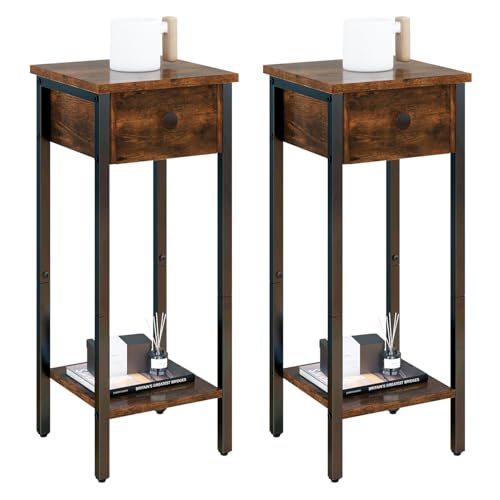 IBUYKE 2er Set Nachttisch, Schmal Nachtschrank, Hoch Beistelltisch mit Einer Schublade, Verstellbarer Füße, 25x25x71 cm, Vintage Sofatisch für Wohnzimmer und Schlafzimmer, Braun TMJ417H-2