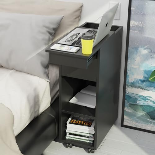 Lvhcmfohm Nachttisch Schmal mit Rollen, Nachtschrank Schmaler Kleiner, Nachtkommode mit Schubladen (Schwarz, 25x45x70cm)