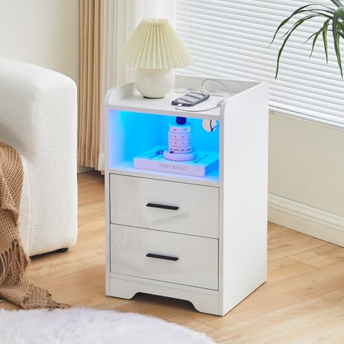 TUKAILAI Nachttisch mit Ladefunktion LED, Nightstand Holz Beistelltisch mit 2 Schublade, Nachtschrank für Schlafzimmer Modern Kommode Hochglanz Weiß 40 * 35 * 65 cm