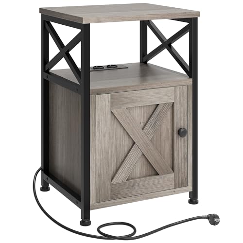 YITAHOME Beistelltisch, Nachttisch mit Kabinett, X-förmiger Couchtisch mit Ladestation, 2 USB-Anschlüssen und Steckdosen, Nachtkommode für Wohnzimmer, Metallrahmen, Schlafzimmer, Metallrahmen, Grau