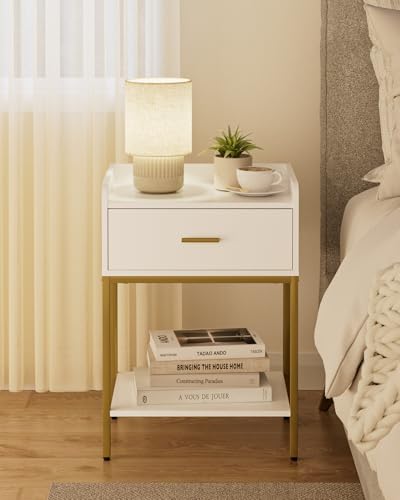 HEYZOEY Nachttisch weiß, 3-Tier Nachttisch modern Kleiner Nachtschrank Beistelltisch mit schublade und Regal für Schlafzimmer, Wohnzimmer, weiß mit Goldbein (Modern)