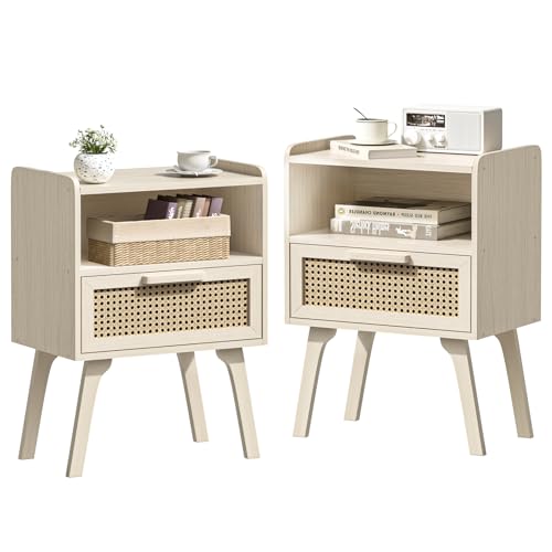 LELELINKY Nachttisch Modern Rattan 2er Set, Kleiner Beistelltisch Holz mit Schublade und Offenem Regal, Nachttische hat Tischbeine aus Massivholz für Wohnzimmer Sofatisch, Schlafzimmer Nachtkommode