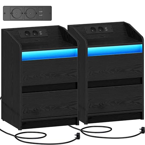 Hzuaneri Nachttische 2er Set mit LED-Lichtern, Ladestation und 2 Schubladen, Beistelltisch mit USB-Anschlüssen & Steckdosen, Stilvoll und vielseitig, für Wohnzimmer und Schlafzimmer, Schwarz NS30104X