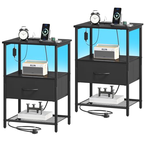 Somdot Nachttisch 2er Set mit Ladefunktion und LED, Beistelltisch Schwarz mit 1 Schubladen aus Stoff, 2 Steckdosen, 2 USB, Nachtschrank mit offenem Regal, Nachtkästchen für Schlafzimmer