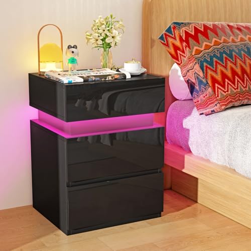 EXSELTMAN Nachttisch mit Beleuchtung, Schrank mit geheimfach, 3 Schublade, Nachttisch mit led, Einstellbare 16 Farben, Versteckte Schiebeschränke, für Schlafzimmer Wohnzimmer 40x35x55 cm