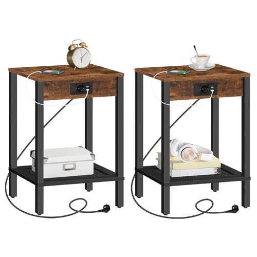 HOOBRO Beistelltische mit Ladestation, 2er-Set, Nachttische mit Steckdose und 2 USB-Anschlüssen, 2-stufige Sofa-Beistelltische, für Schlafzimmer, Wohnzimmer, Vintagebraun und Schwarz EBF91CBZP201