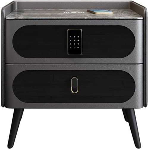 Nachttisch Intelligenter Nachttisch Schlafzimmer Nachttisch mit Schubladen Beistelltisch mit kabellosem Laden und Fingerabdruckschloss, Nachttisch mit 2 Schubladen, mit verstecktem System, Schrank (4