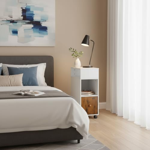 FurnitureR Nachttisch auf Rollen mit 2 USB-Ports und 2 Steckdosen, mobiler Nachttisch, Aufbewahrungstisch mit Fach und Schublade, Ladestation für Schlafzimmer, 50 x 25 x 70 cm
