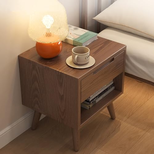 Mid Century Moderner Nachttisch mit 2 Schubladen und offenem Regal, stilvoller brauner Beistelltisch für Schlafzimmer, vielseitiger Beistelltisch, Walnussholz-Finish