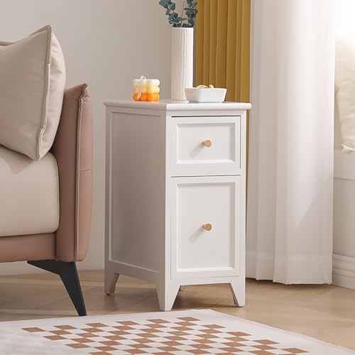 Schmaler Nachttisch mit 2 Schubladen, kompakter Aufbewahrungstisch, kleiner weißer Nachttisch (Größe:30 cm) – Moderne Schlafzimmermöbel, platzsparendes Design