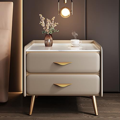 Moderner Luxus-Nachttisch mit Kunstmarmorplatte und PU-Leder-Finish, minimalistischer Nachttisch mit 2 Schubladen, Aufbewahrungsschrank für Schlafzimmer oder Wohnzimmer, stilvoller Beistellt