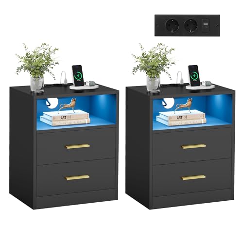 VASAGLE Custos Kollektion - Nachttisch mit Ladestation, 2er Set, LED-Beleuchtung, Beistelltisch, modern, mit Schubladen, 2 AC-Steckdosen und USB-Anschlüssen, tintenschwarz LET829BC01