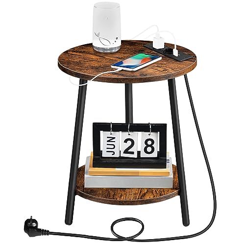 HOOBRO Beistelltisch mit Ladestation, runder Couchtisch mit 2 Ebenen, Wohnzimmertisch, Nachttisch für kleine Räume, Sofatisch für Wohnzimmer, Schlafzimmer, Vintagebraun und Schwarz EBF67CBZ01