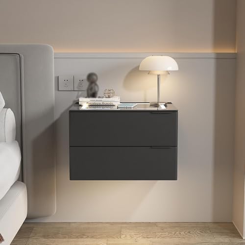 Schwebender Nachttisch mit Ladestation, moderner Nachttisch mit 2 Schubladen, schwebender Schminktisch mit verstellbarem LED-Licht, an der Wand montierter Nachttisch für Schlafzimmer (50 cm, Schwarz)