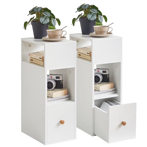 IBUYKE Nachttisch 2er Set, Schmal Beistelltisch mit Schublade, 2 offene Fächer,Kleiner Nachtschrank Platzsparend, für Schlafzimmer, Wohnzimmer,Arbeitszimmer, weiß WNS006W-2