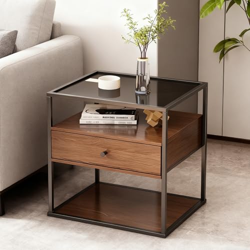 GGJYSYYK Beistelltisch aus gehärtetem Glas, Nachttisch mit Stauraum, Vintage-Bettseitenregal, erhältlich mit einem oder Zwei Schubladen, Kleiner Platz für jedes Zimmer,Braun,Single50cm