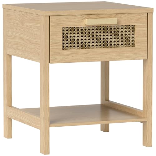 VSOGA Nachttisch Nachtschrank Beistelltisch natürlicher Nachtkommode mit Schublade und offener Ablage - Rattan-Design, Natur, 40×40×48,4 cm