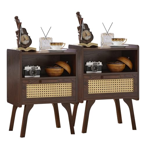 LELELINKY Nachttisch 2er Set Rattan, Kleiner Beistelltisch Holz mit Schublade & Offenem Regal,Nachttische hat Tischbeine aus Massivholz für Wohnzimmer Sofatisch,Schlafzimmer Nachtkommode,Nussbaumfarb e