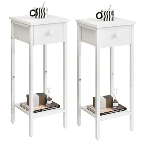 IBUYKE 2er Set Nachttisch, Schmal Nachtschrank, Hoch Beistelltisch mit Einer Schublade, Verstellbarer Füße, 25x25x71 cm, Modern Sofatisch für Wohnzimmer und Schlafzimmer, Weiß TMJ417W-2