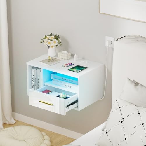 Lvhcmfohm Nachttisch Hängend mit Steckdose, Nachtschrank mit 1 Schublade und Offenes Fach, Nachtkästchen Schwebend mit Led, Wandregal für Wohnzimmer, Schlafzimmer, 46.5x30x25.5cm, Weiß