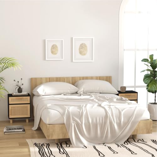 MNISDFL Nachttische 2 STK. Schwarz Massivholz Kiefer und Natur-Rattan mit Schublade und Fach für Stauraum, Stabile Tischplatte und Holzbeine, Langlebiges Holzwerkstoff Design
