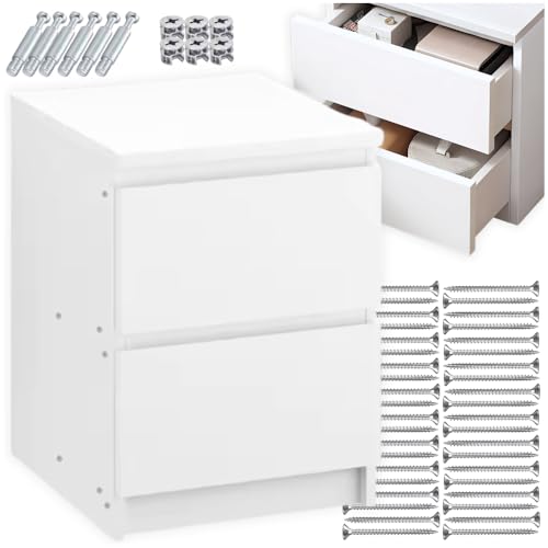 ZOLTA Nachttisch Weiß Kommode mit 2 Schubladen Beistelltisch Schlafzimmer Nachtkonsole Modern Minimalistisch Loft Skandinavisch Kleiner Schrank Ablagetisch Mattschwarz Fronten Grifflos 41x32x29cm