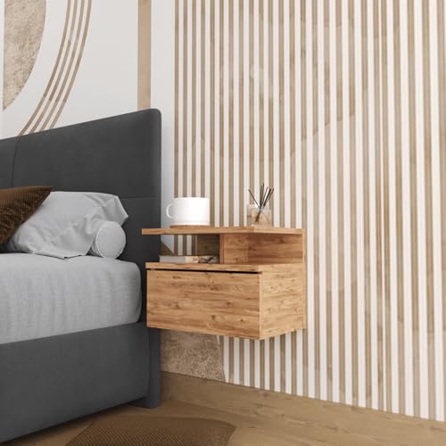 Smart Home Art Venus Hängender Nachttisch – Wandmontiertes Nachtkästchen mit Tür – Atlantic Eiche – Platzsparendes Design – Schwebender Schrank für Schlafzimmer