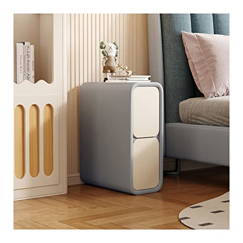Minimalistischer schmaler Sofa Beistelltisch mit 2 Schubladen, Hellgrau & Beige Mikrofaser-Leder, Nachttisch Holz für kleine Räume, 25 x 40 x 50 cm (9,8 x 15,7 x 19,6 Zoll)