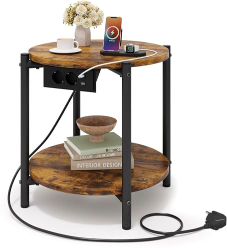 IRONCK Beistelltisch rund, Couchtisch mit Steckdose, Kleiner Tisch Holz, Wohnzimmertisch 2 Ablagen,Sofatisch,USB & Type-C-Anschluss, Metallrahmen, Nachttisch für Schlafzimmer (Vintagebraun, 1 Stück) IRONCK Beistelltisch rund, Couchtisch mit Steckdose, Kleiner Tisch Holz, Wohnzimmertisch 2 Ablagen,Sofatisch,USB & Type-C-Anschluss, Metallrahmen, Nachttisch für Schlafzimmer (Vintagebraun, 1 Stück)