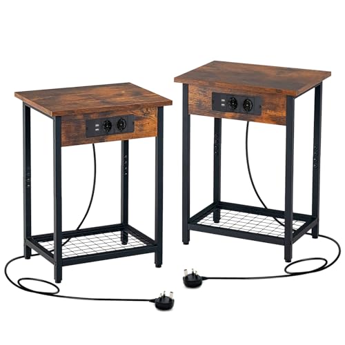 KOMFOTTEU 2er Nachttisch mit Ladestation, Nachtschrank mit 2 USB Anschlüssen & 2 Steckdosen, Beistelltisch mit offene Ablage für Wohnzimmer Schlafzimmer, 40x30x54 cm Industrie-Stil