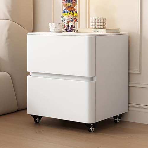 Rustikaler moderner Nachttisch aus Massivholz mit 2 Schubladen und versteckten Griffen, 360° drehbarer Beistelltisch für Schlafzimmer und Wohnzimmer, Weiß, 40 cm