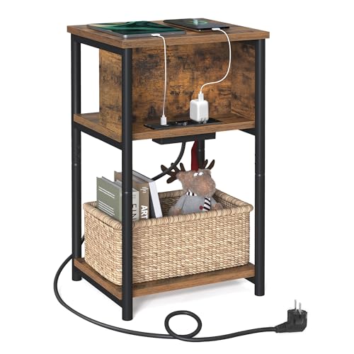 VASAGLE Beistelltisch, Nachttisch mit Steckdose, schmal, 2 AC-Anschlüsse, 2 USB-Anschlüsse, 30 x 34 x 58 cm, für Wohnzimmer, Schlafzimmer, vintagebraun-schwarz LET375B01